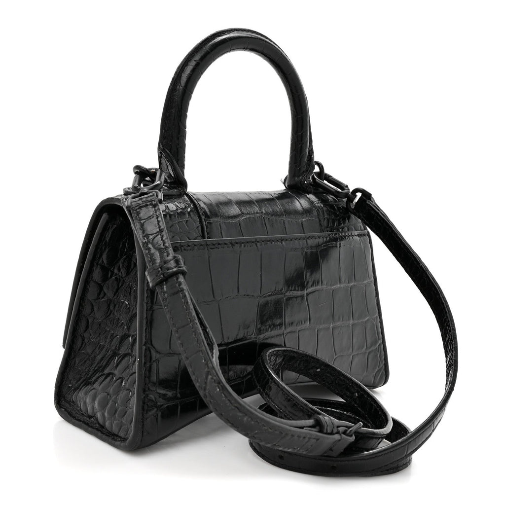 Shiny Calfskin Monochrome Crocodile Embossed Hourglass Top Handle Bag XS Black