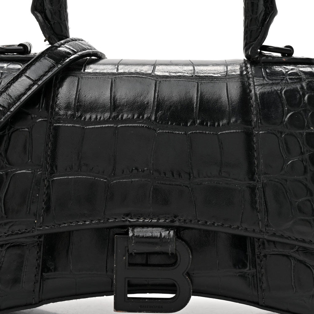 Shiny Calfskin Monochrome Crocodile Embossed Hourglass Top Handle Bag XS Black