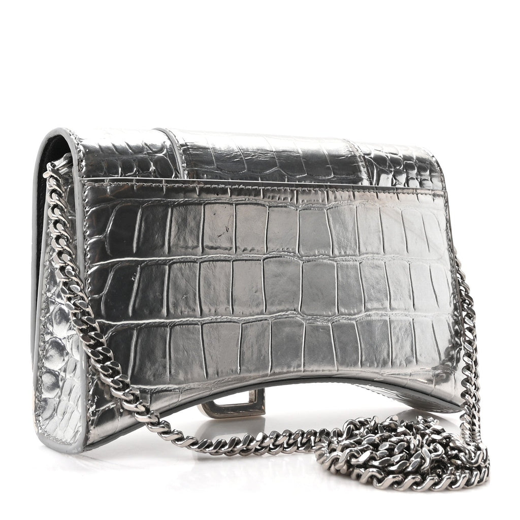Metallic Calfskin Crocodile Embossed Hourglass Chain Bag Silver