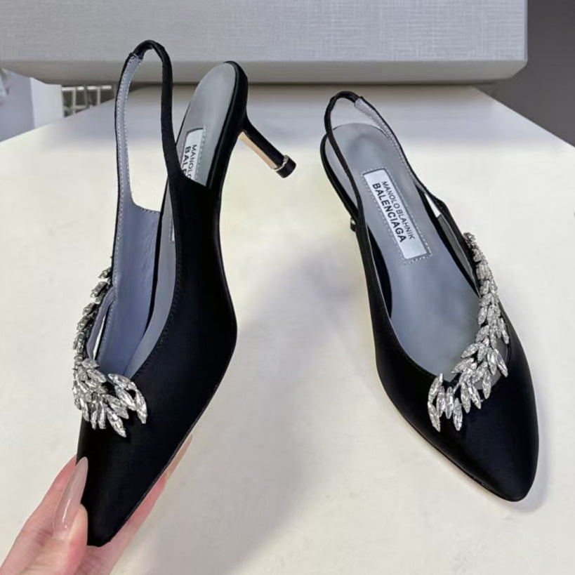 Balenciaga x Manolo Blahnik Slingback 58mm Black Satin Leather