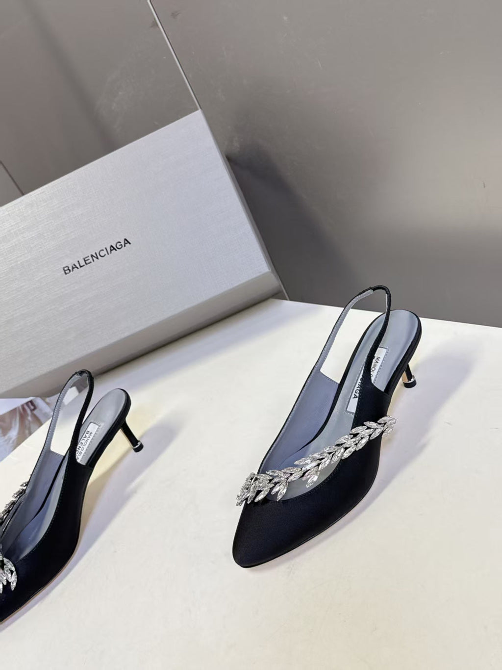 Balenciaga x Manolo Blahnik Slingback 58mm Black Satin Leather