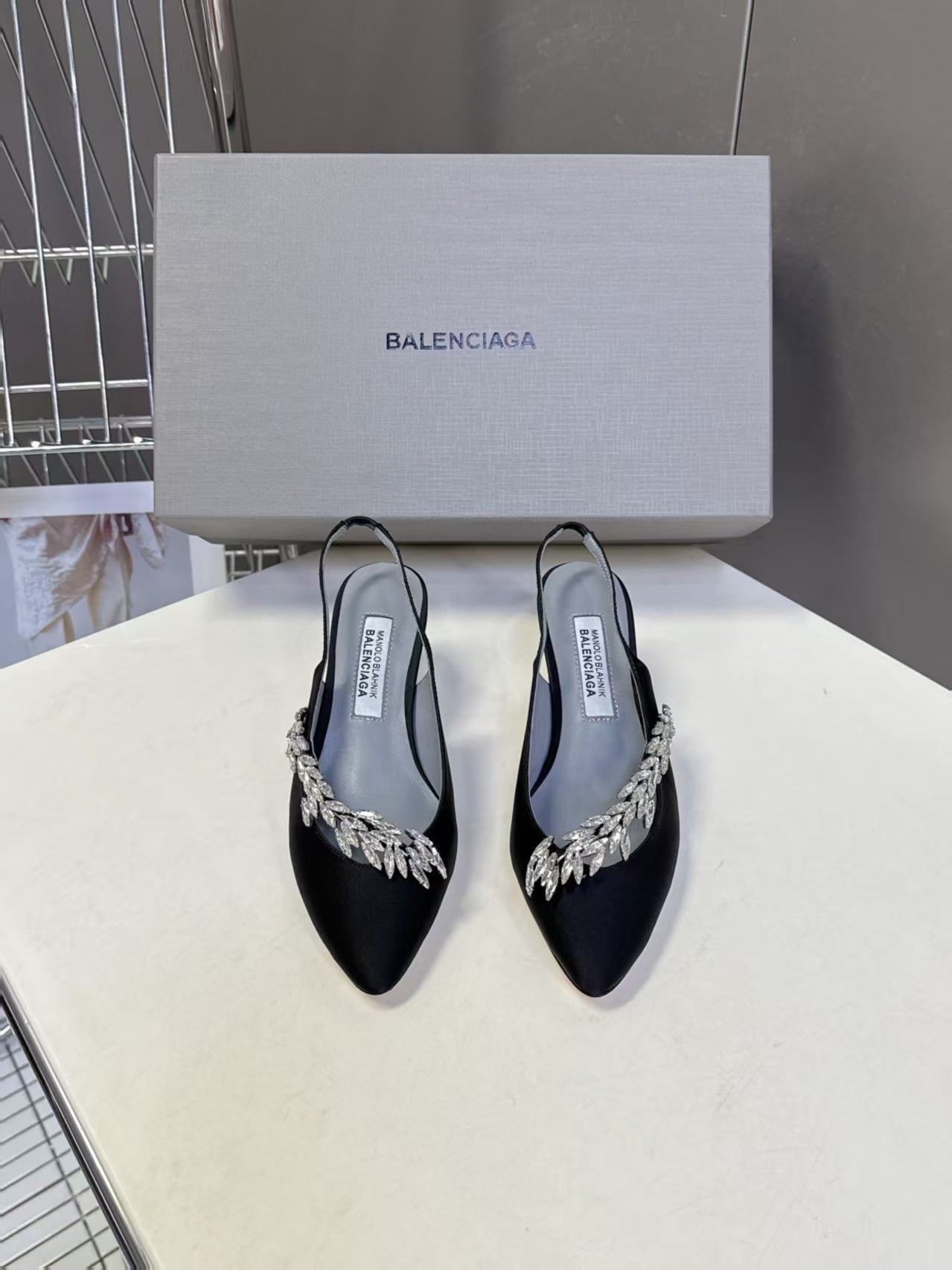 Balenciaga x Manolo Blahnik Slingback 58mm Black Satin Leather