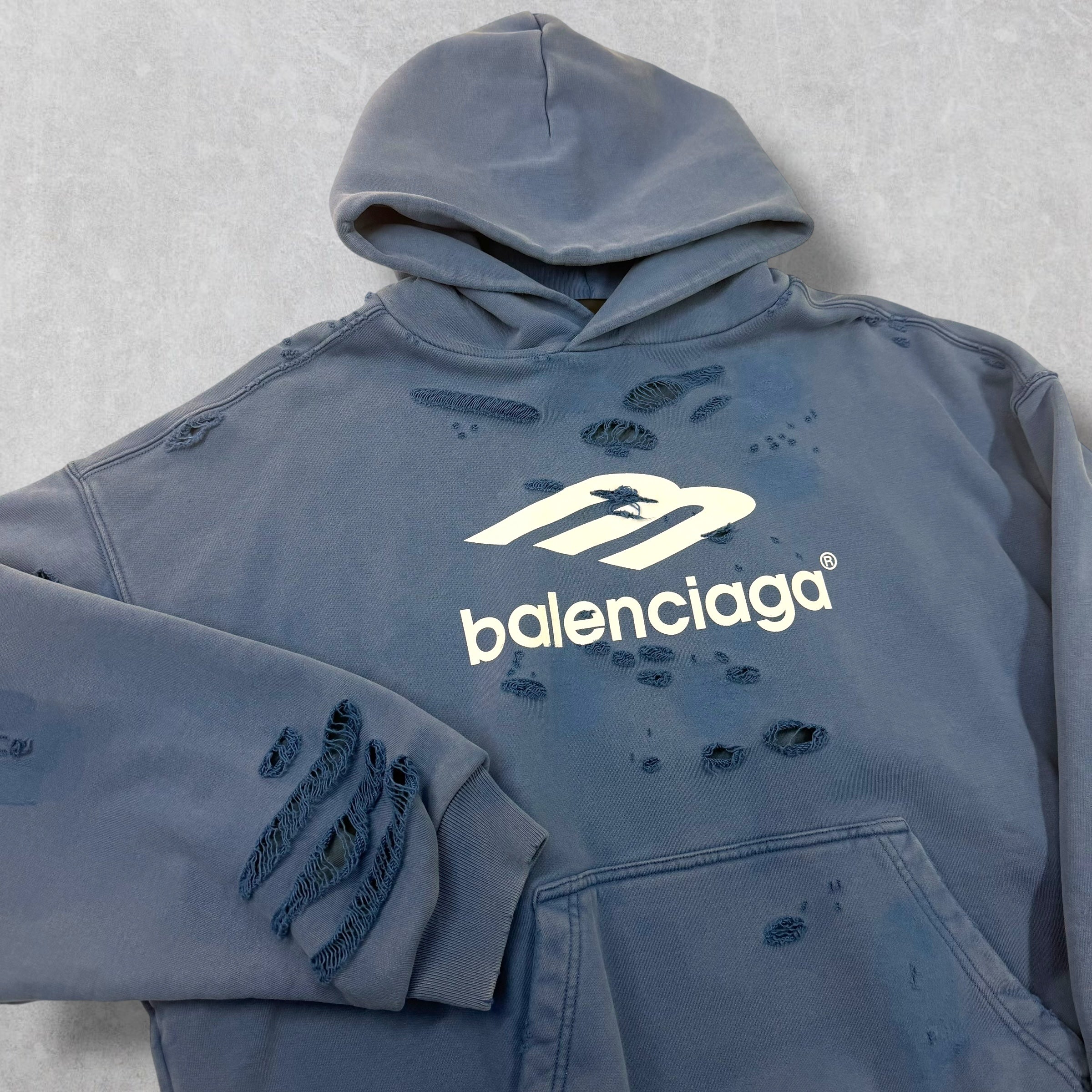 Balenciaga Washed Destruction Printed Logo Hoodie M Women