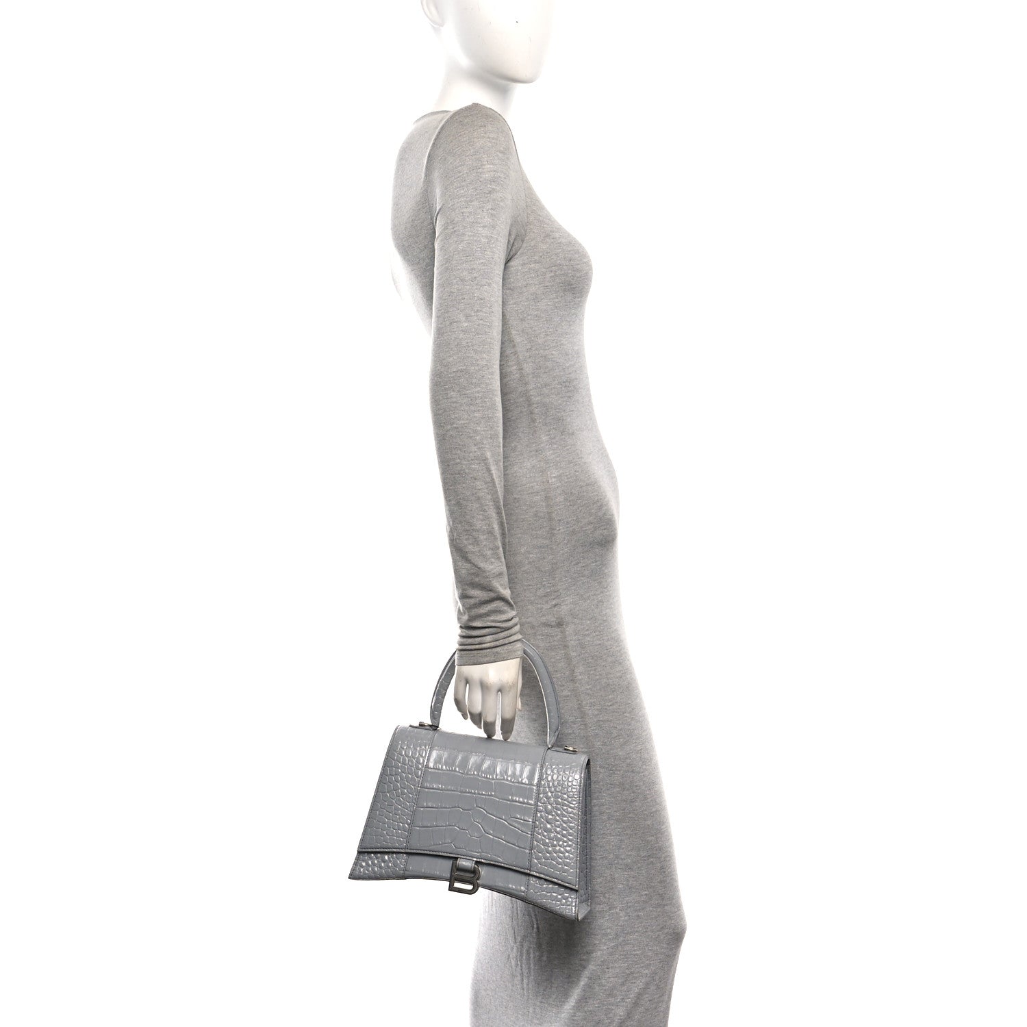Shiny Calfskin Crocodile Embossed Medium Hourglass Top Handle Bag Balenciaga Grey