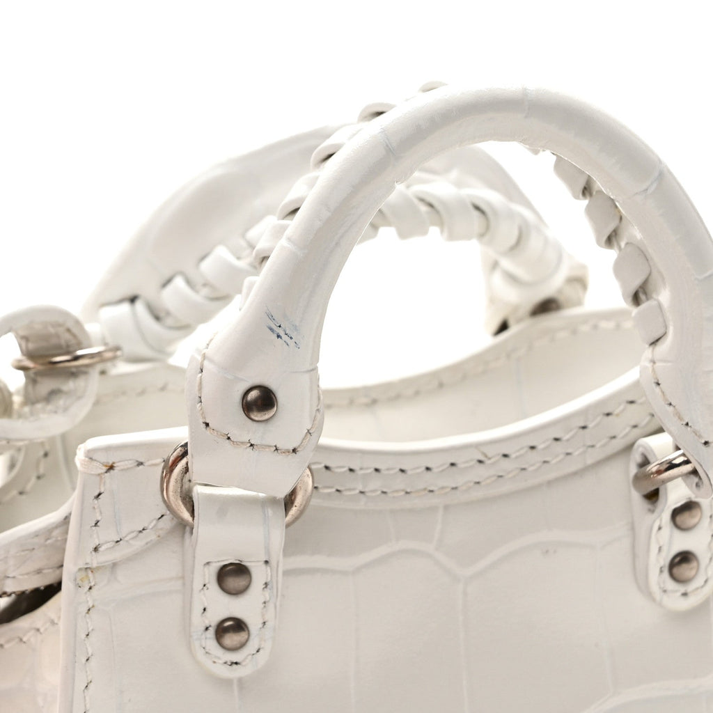 Extra Supple Calfskin Crocodile Embossed Neo Classic Silver Hardware Super Nano City Crossbody  White