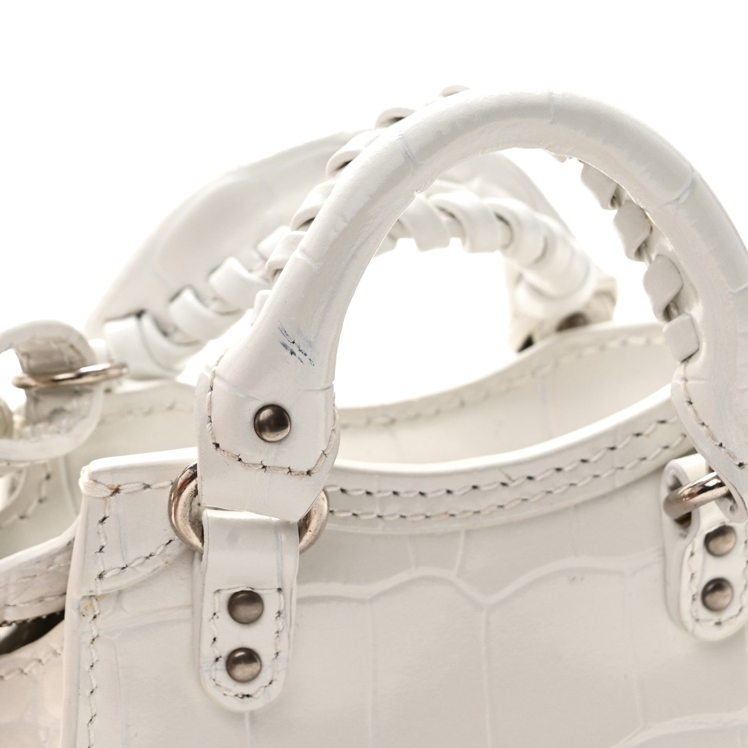 Extra Supple Calfskin Crocodile Embossed Neo Classic Silver Hardware Super Nano City Crossbody  White
