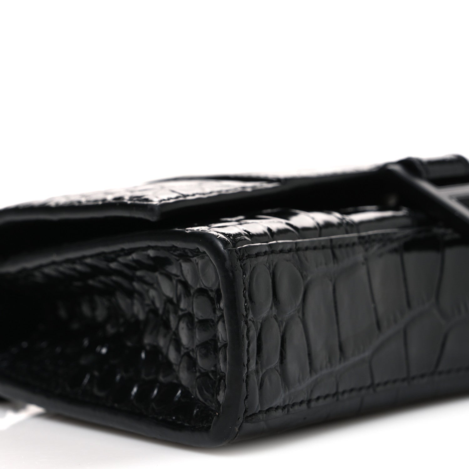 Shiny Calfskin Monochrome Crocodile Embossed Hourglass Chain Bag Black