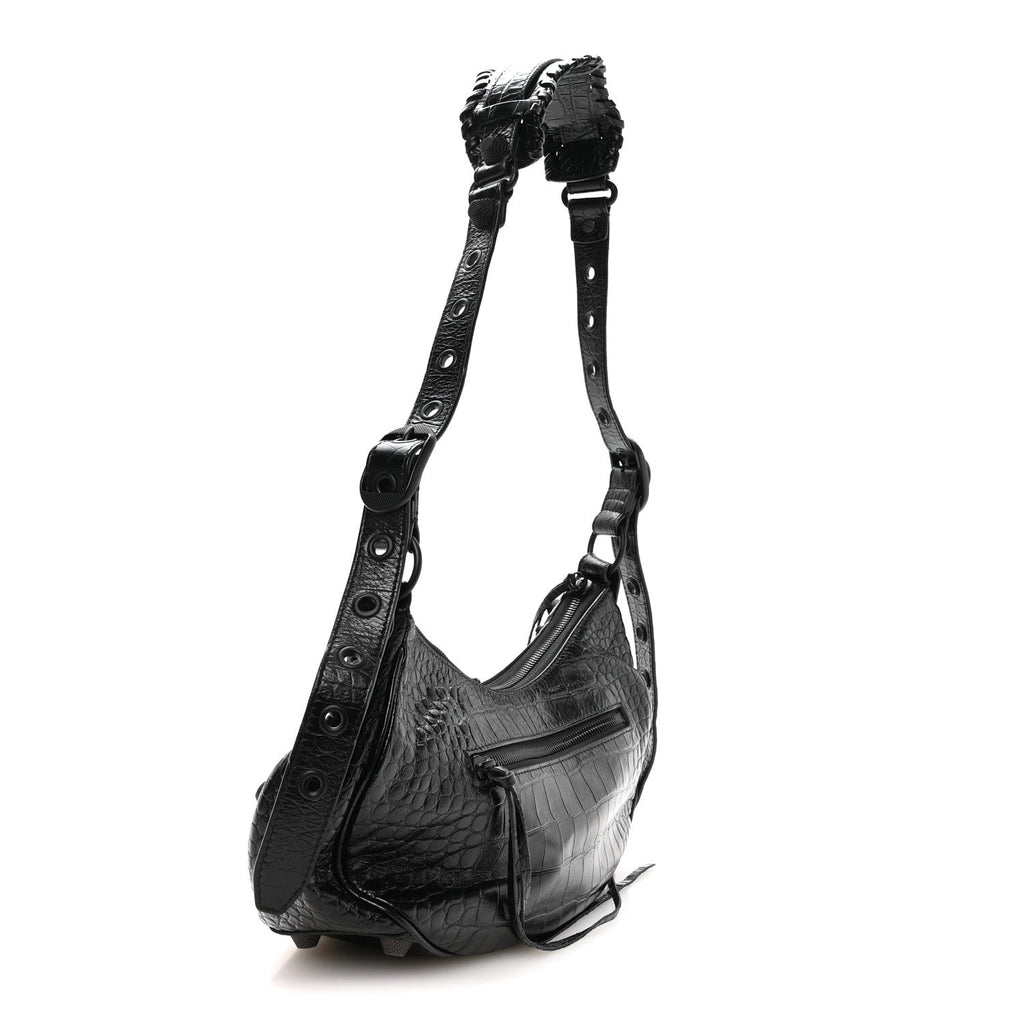 Extra Supple Calfskin Crocodile Embossed Monochrome Small Le Cagole Shoulder Bag Black