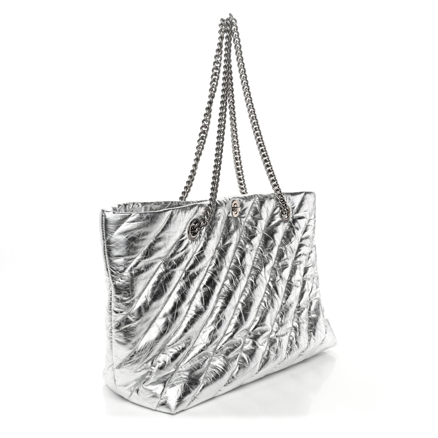 Metallic Crushed Calfskin Quilted Medium Crush Carry All Tote Bag Silver