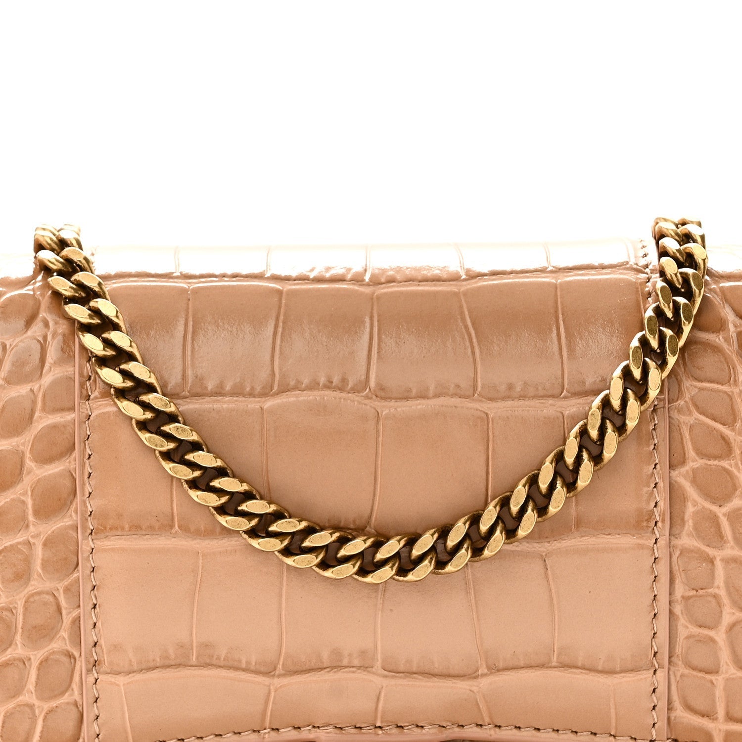Shiny Calfskin Crocodile Embossed Hourglass Chain Bag Nude Beige