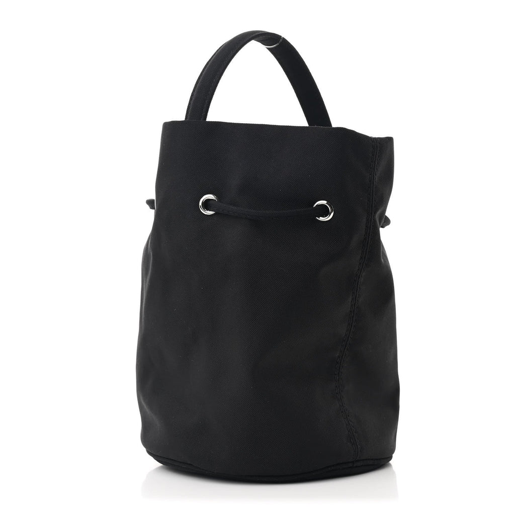 Recycled Sport Nylon Logo Embroidered Wheel Drawstring Bucket Bag Black White