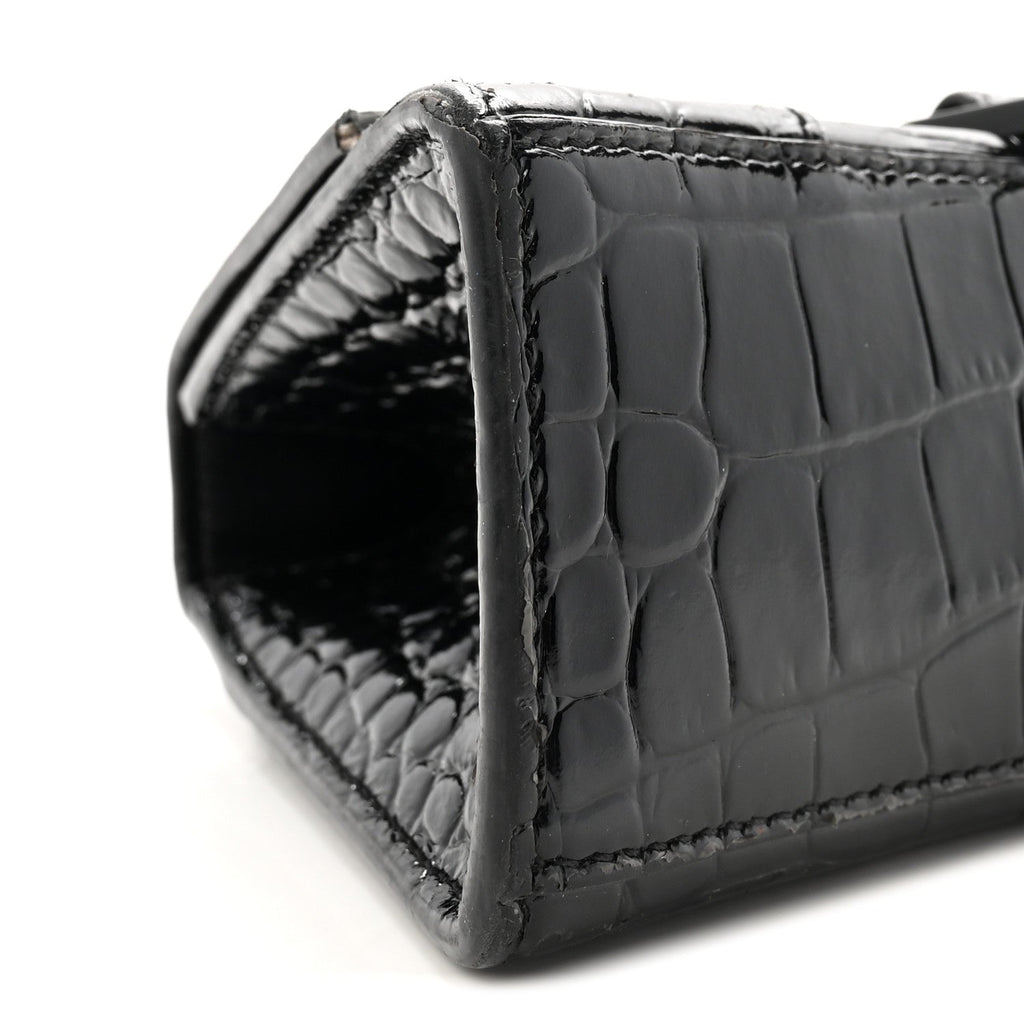 Shiny Calfskin Monochrome Crocodile Embossed Hourglass Top Handle Bag XS Black