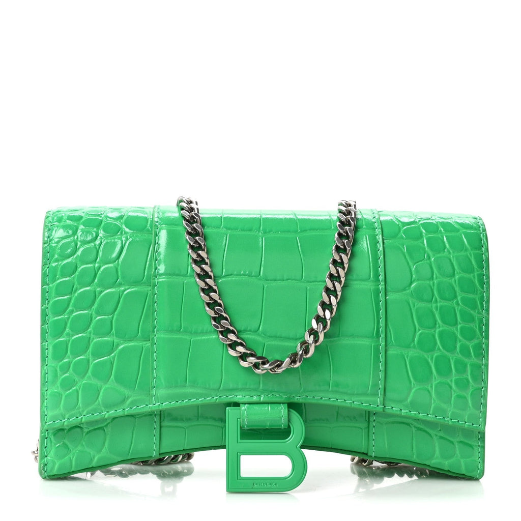 Shiny Calfskin Crocodile Embossed Hourglass Chain Bag Vivid Green