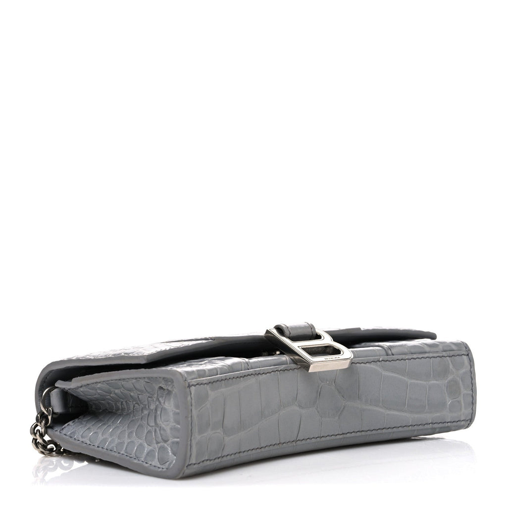 Shiny Calfskin Crocodile Embossed Hourglass Chain Bag Balenciaga Steel Grey