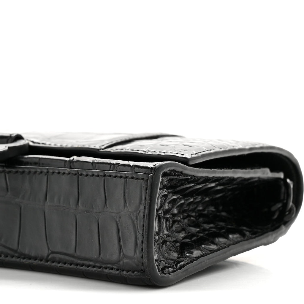 Shiny Calfskin Monochrome Crocodile Embossed Hourglass Chain Bag Black