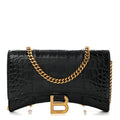 Shiny Calfskin Crocodile Embossed Hourglass Chain Bag Black