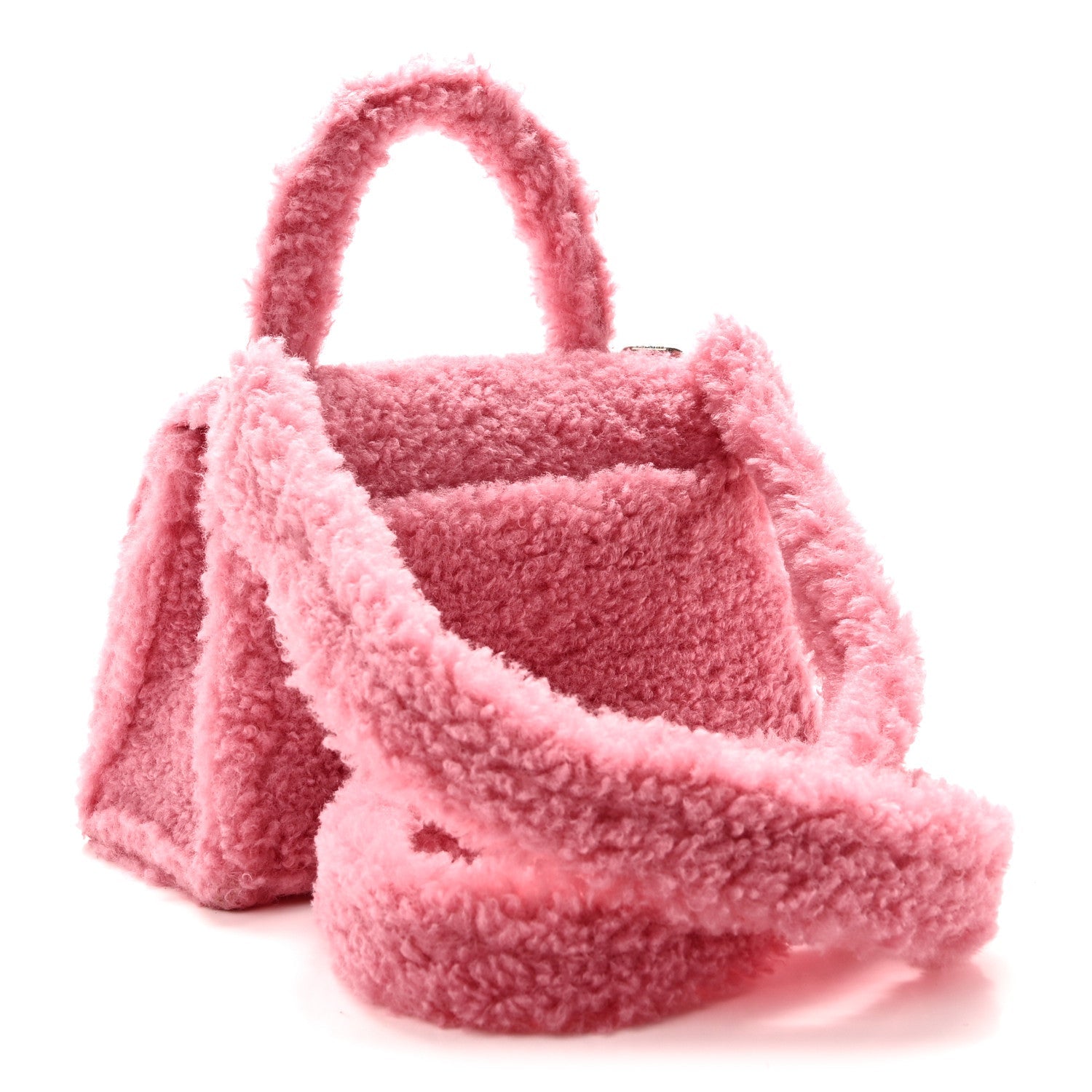 Curly Faux Shearling Small Hourglass Top Handle Bag Sweet Pink Pink