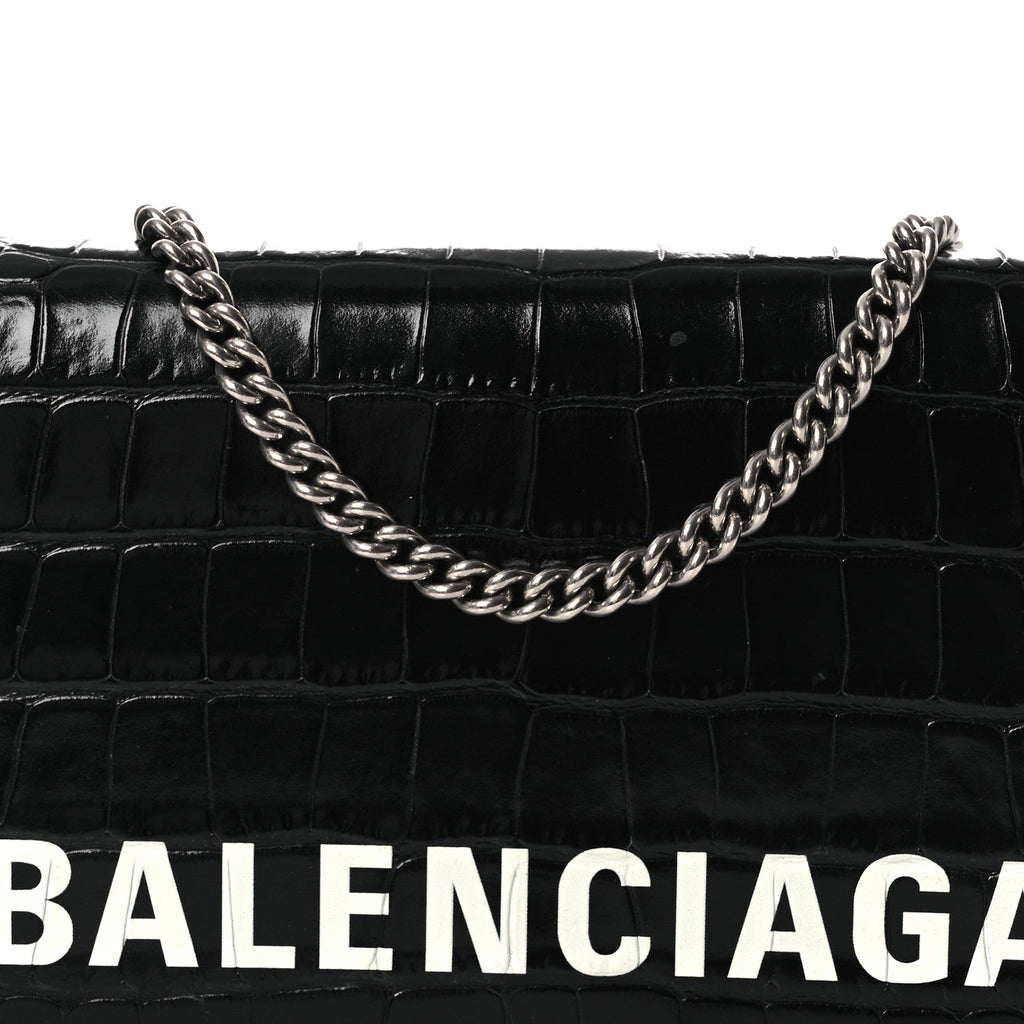 Shiny Calfskin Logo Crocodile Embossed Ville Wallet on Chain Black