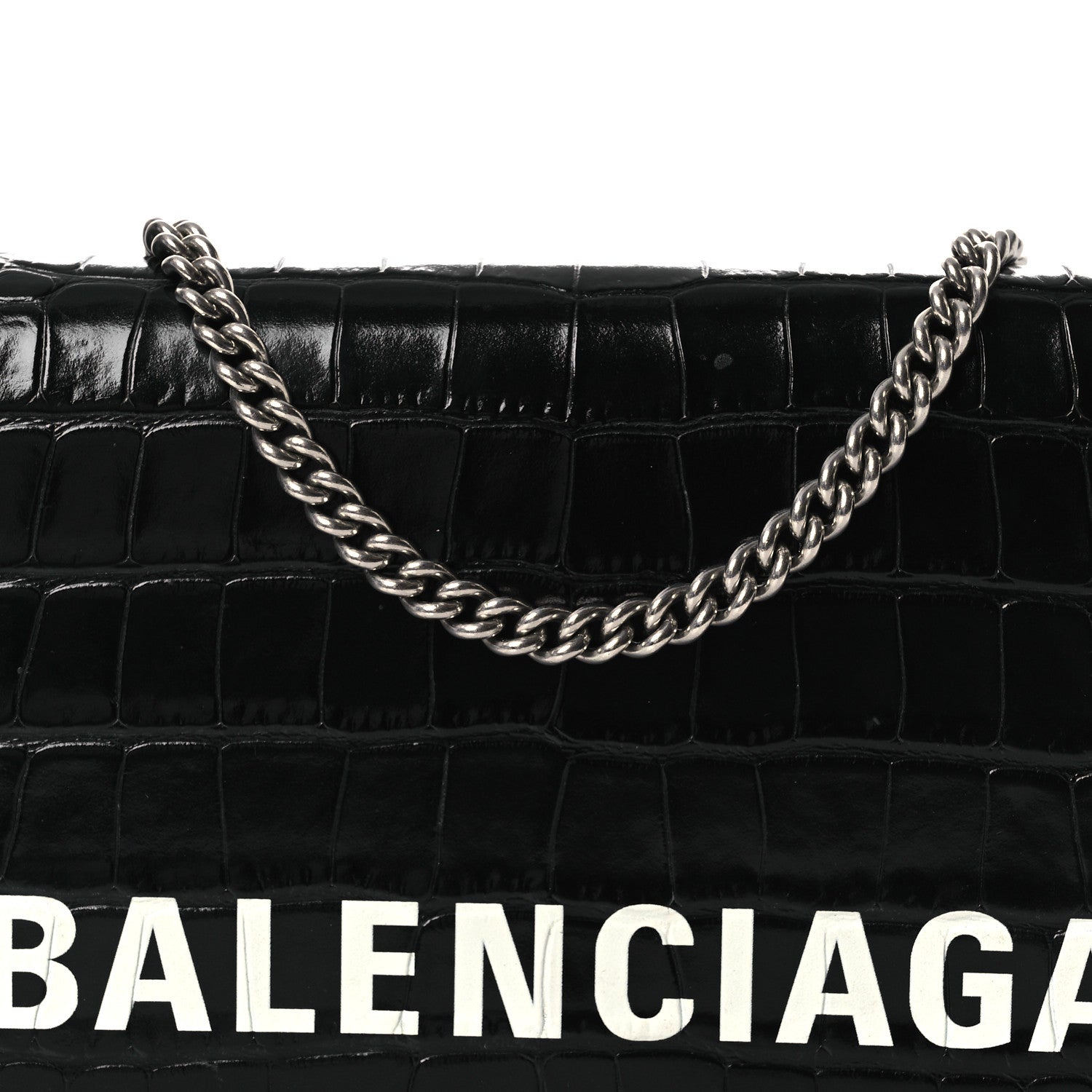 Shiny Calfskin Logo Crocodile Embossed Ville Wallet on Chain Black