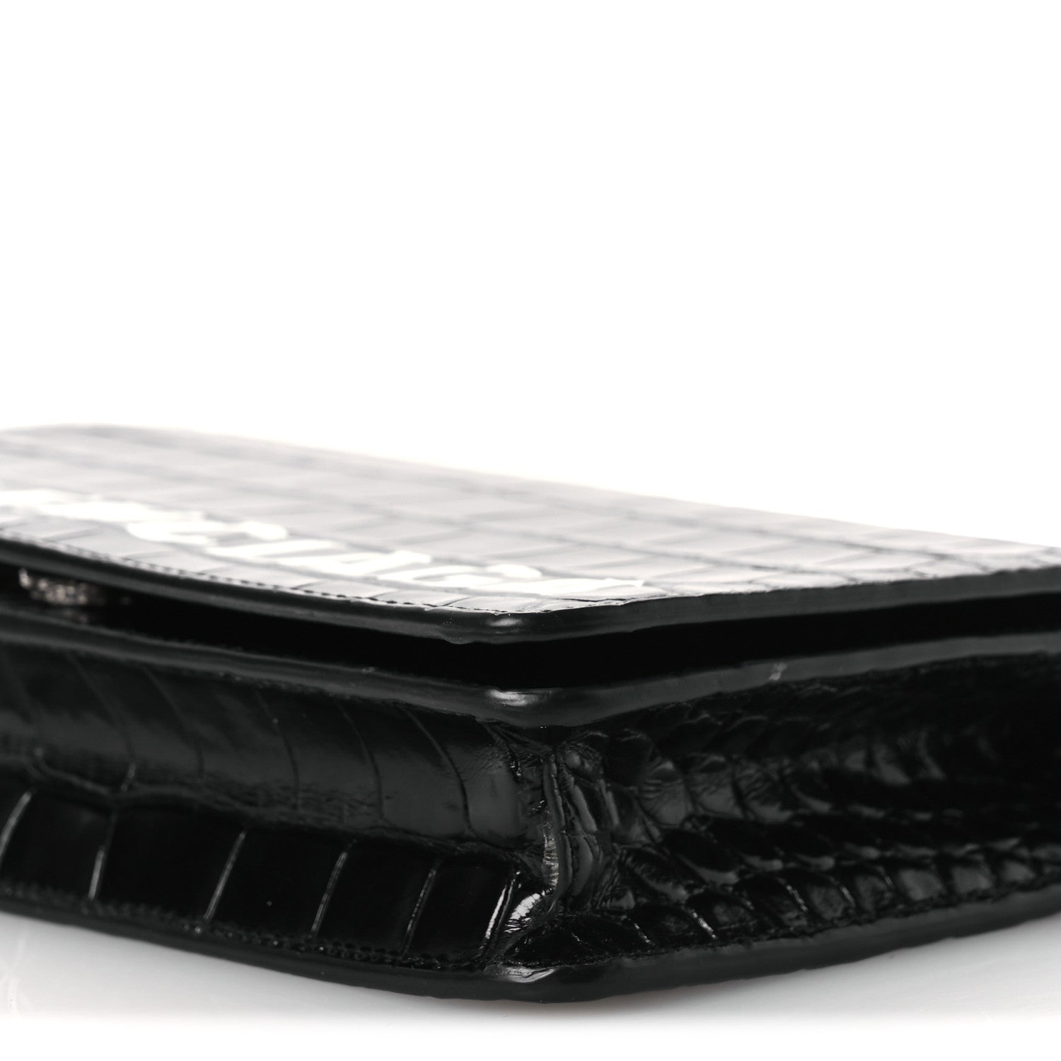 Shiny Calfskin Logo Crocodile Embossed Ville Wallet on Chain Black