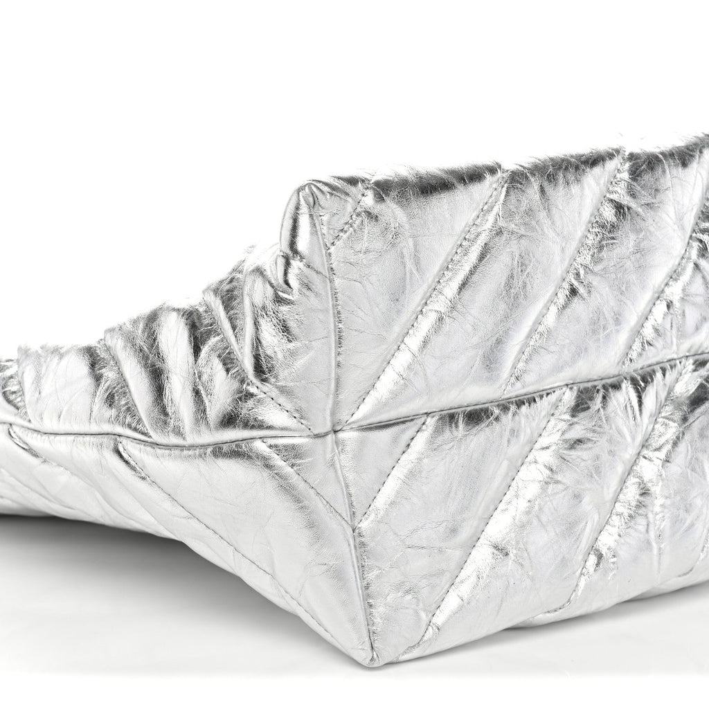 Metallic Crushed Calfskin Quilted Medium Crush Carry All Tote Bag Silver