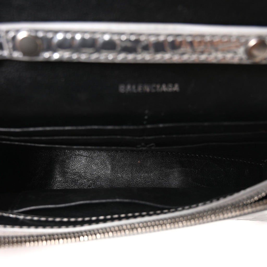 Metallic Calfskin Crocodile Embossed Hourglass Chain Bag Silver