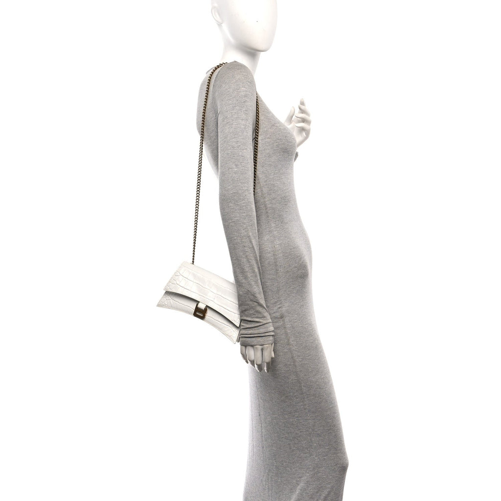 Calfskin Crocodile Embossed Small Crush Chain Bag White