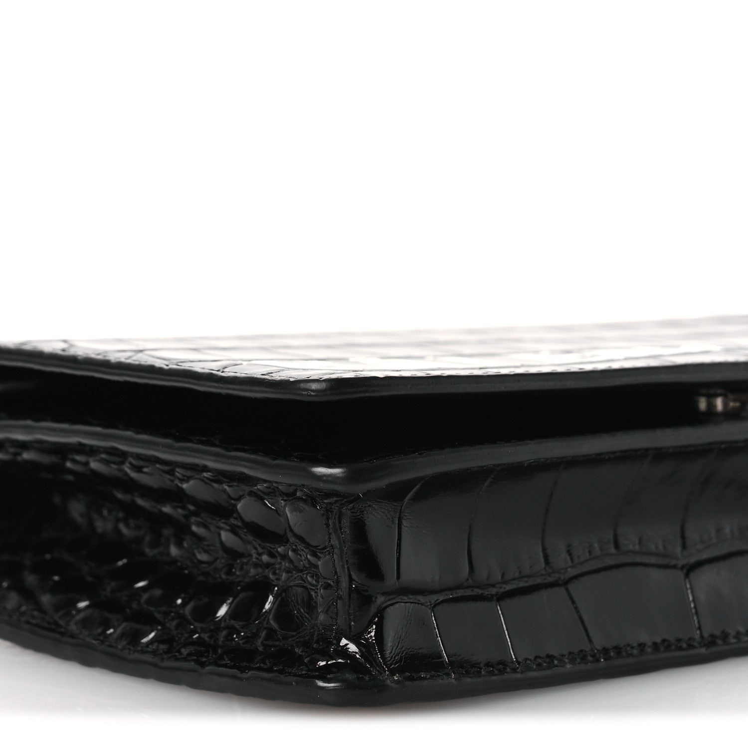 Shiny Calfskin Logo Crocodile Embossed Ville Wallet on Chain Black