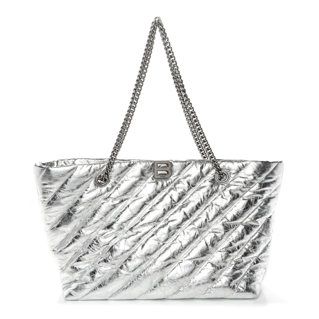 Metallic Crushed Calfskin Quilted Medium Crush Carry All Tote Bag Silver