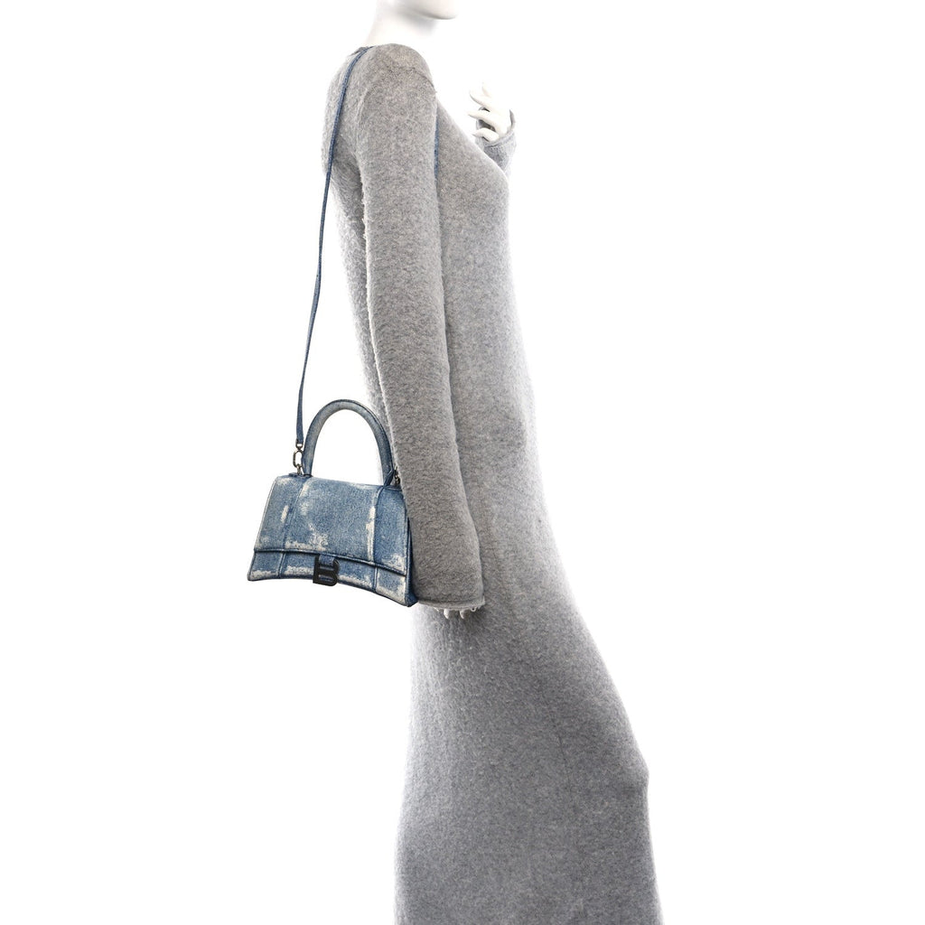 Nappa Denim Printed Small Hourglass Top Handle Bag Denim Blue