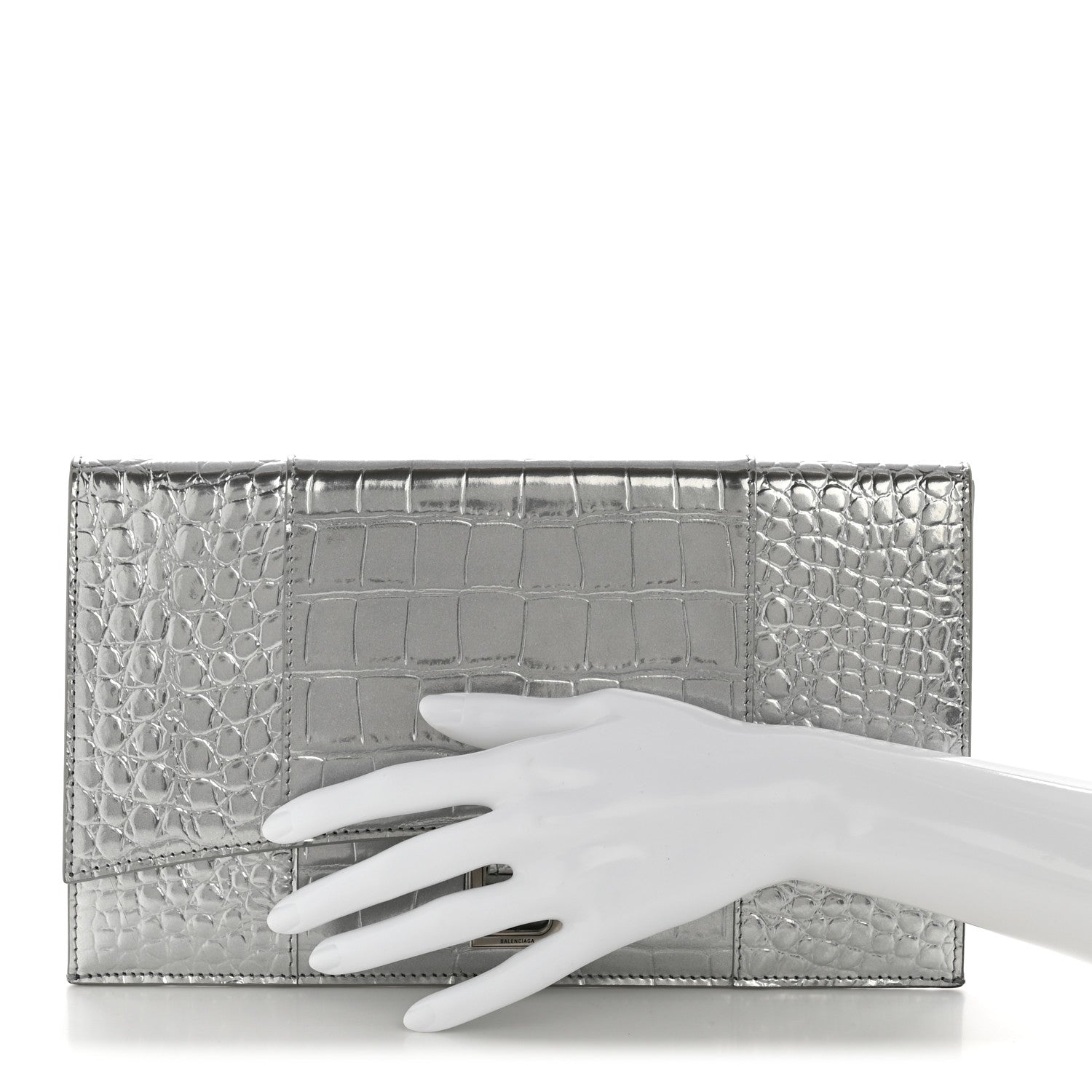 Metallic Calfskin Crocodile Embossed Hourglass Flap Flat Pouch Silver