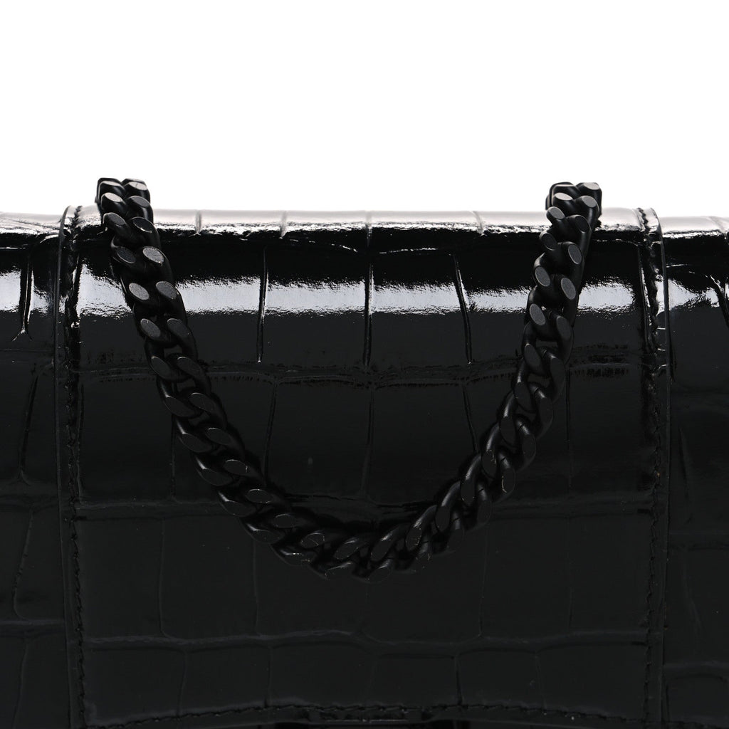 Shiny Calfskin Monochrome Crocodile Embossed Hourglass Chain Bag Black