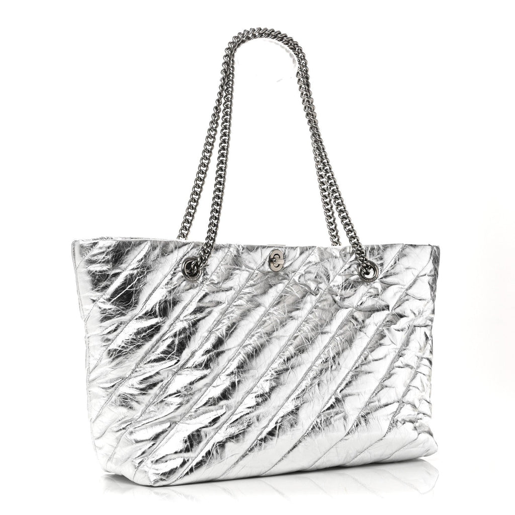 Metallic Crushed Calfskin Quilted Medium Crush Carry All Tote Bag Silver