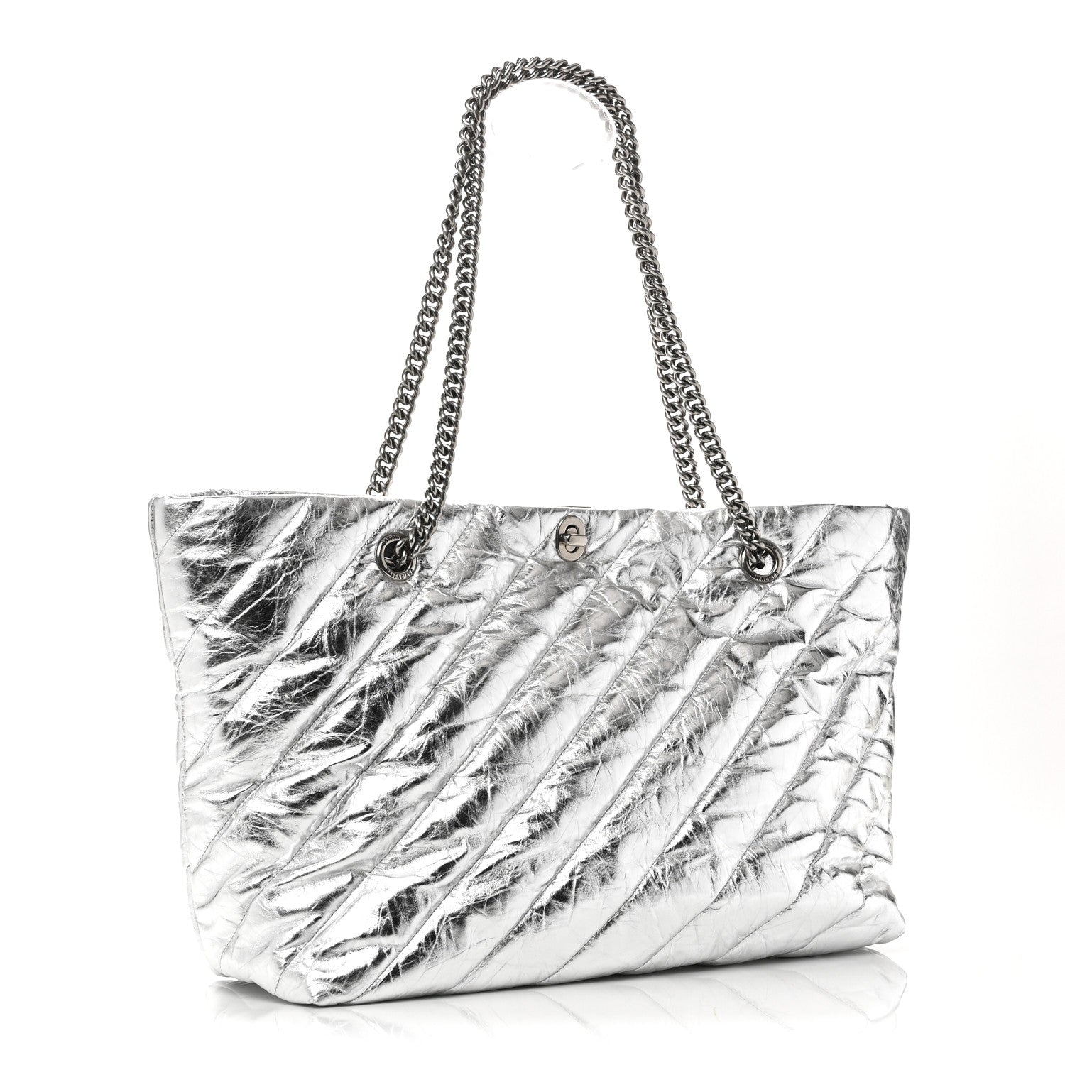 Metallic Crushed Calfskin Quilted Medium Crush Carry All Tote Bag Silver