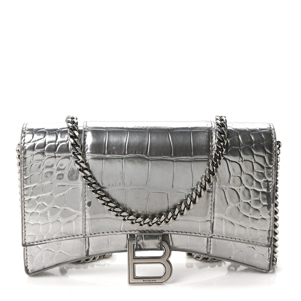 Metallic Calfskin Crocodile Embossed Hourglass Chain Bag Silver