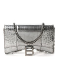 Metallic Calfskin Crocodile Embossed Hourglass Chain Bag Silver