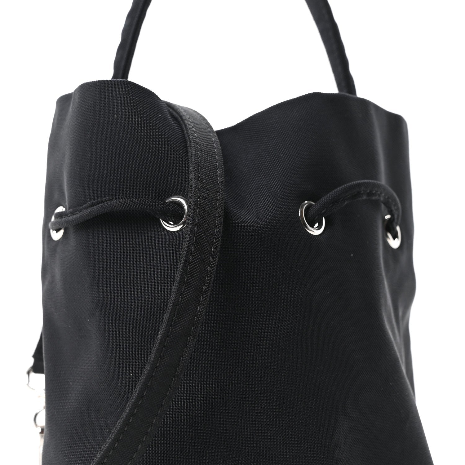 Recycled Sport Nylon Logo Embroidered Wheel Drawstring Bucket Bag Black White