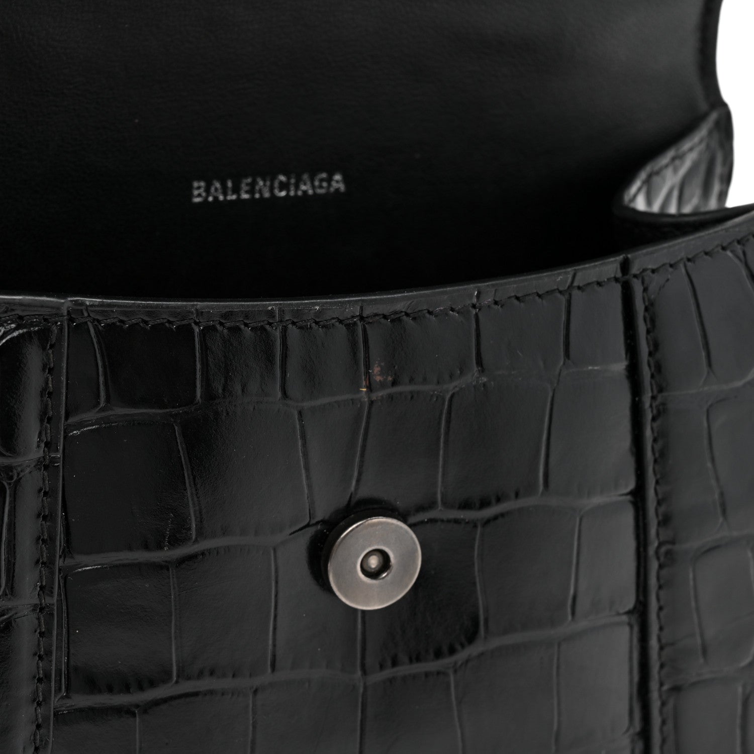 Shiny Calfskin Monochrome Crocodile Embossed Hourglass Top Handle Bag XS Black