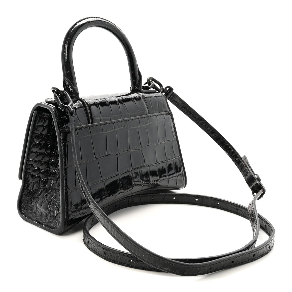 Shiny Calfskin Monochrome Crocodile Embossed Hourglass Top Handle Bag XS Black