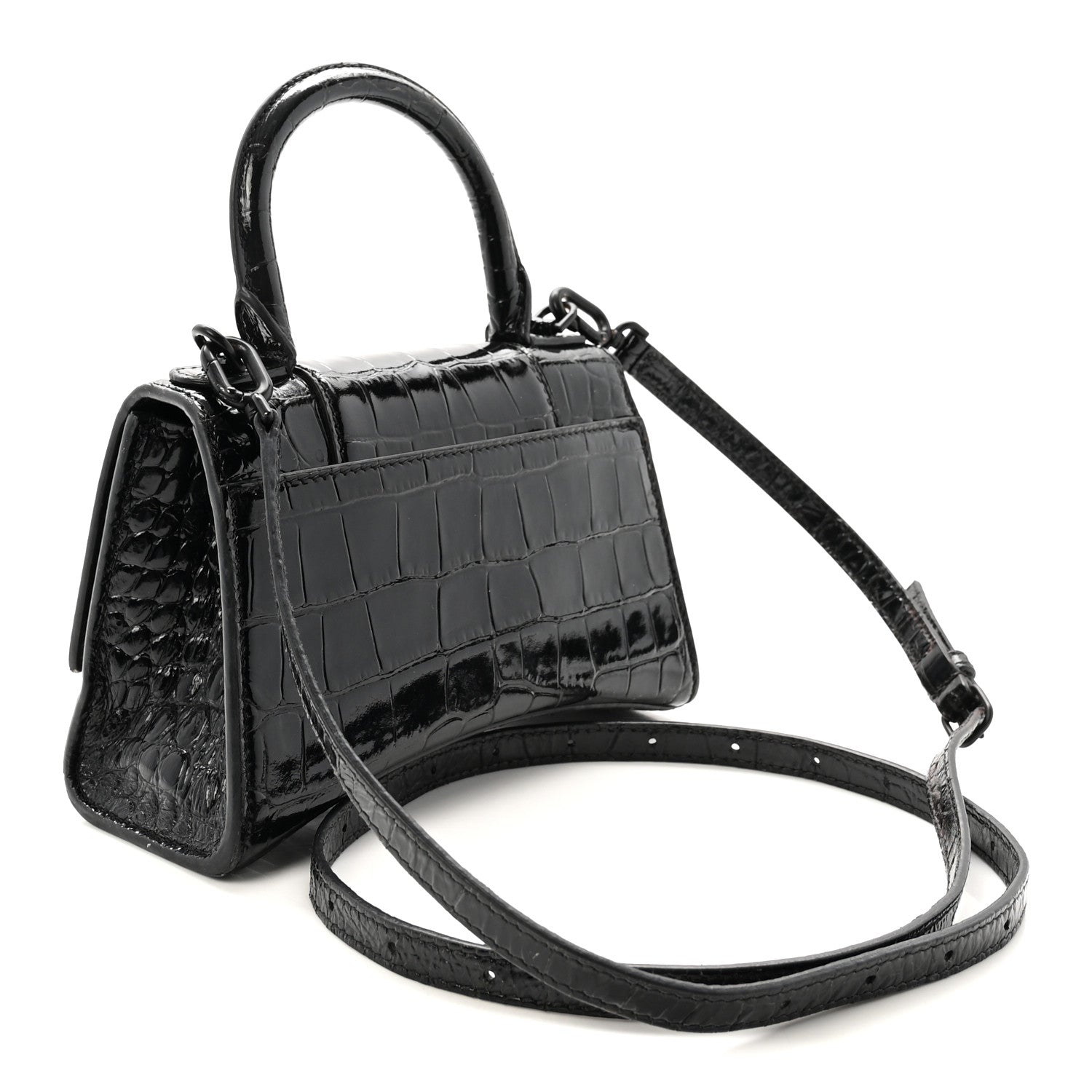 Shiny Calfskin Monochrome Crocodile Embossed Hourglass Top Handle Bag XS Black