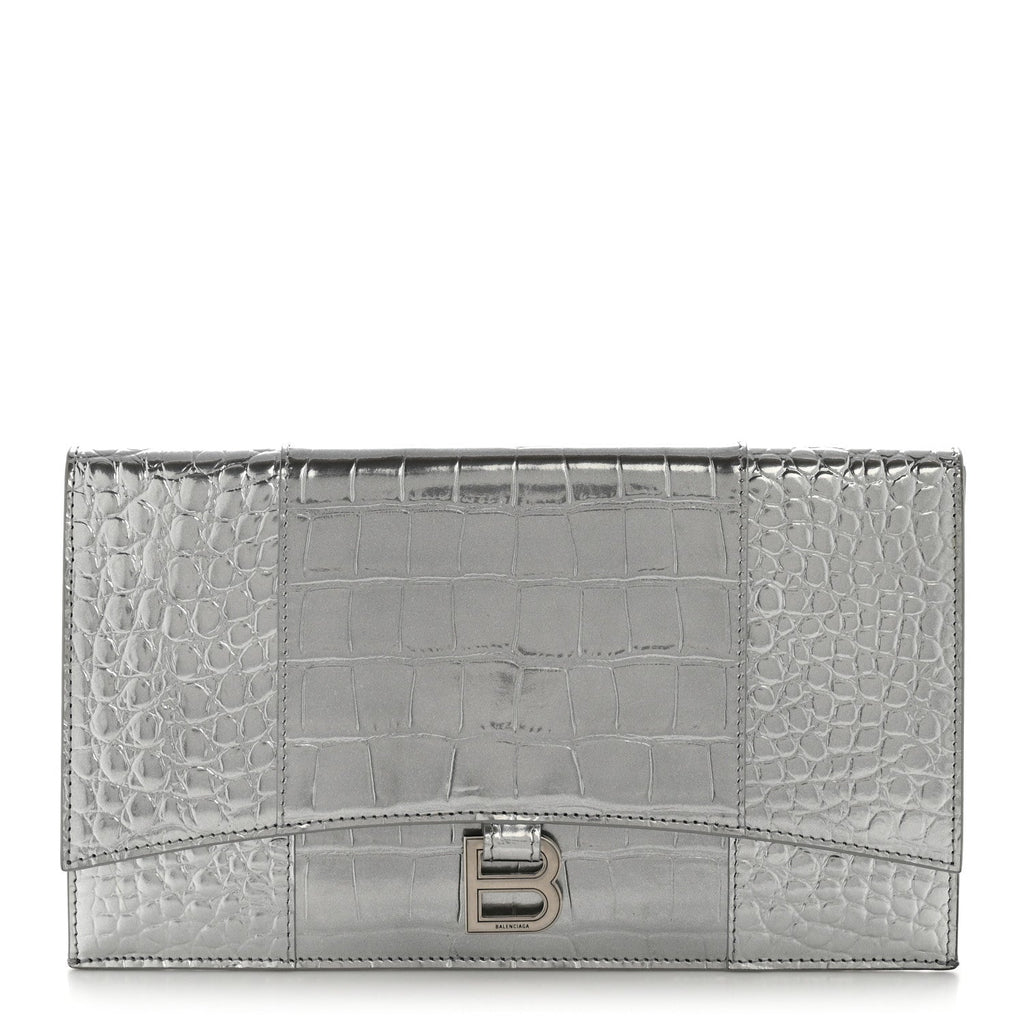 Metallic Calfskin Crocodile Embossed Hourglass Flap Flat Pouch Silver