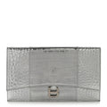 Metallic Calfskin Crocodile Embossed Hourglass Flap Flat Pouch Silver