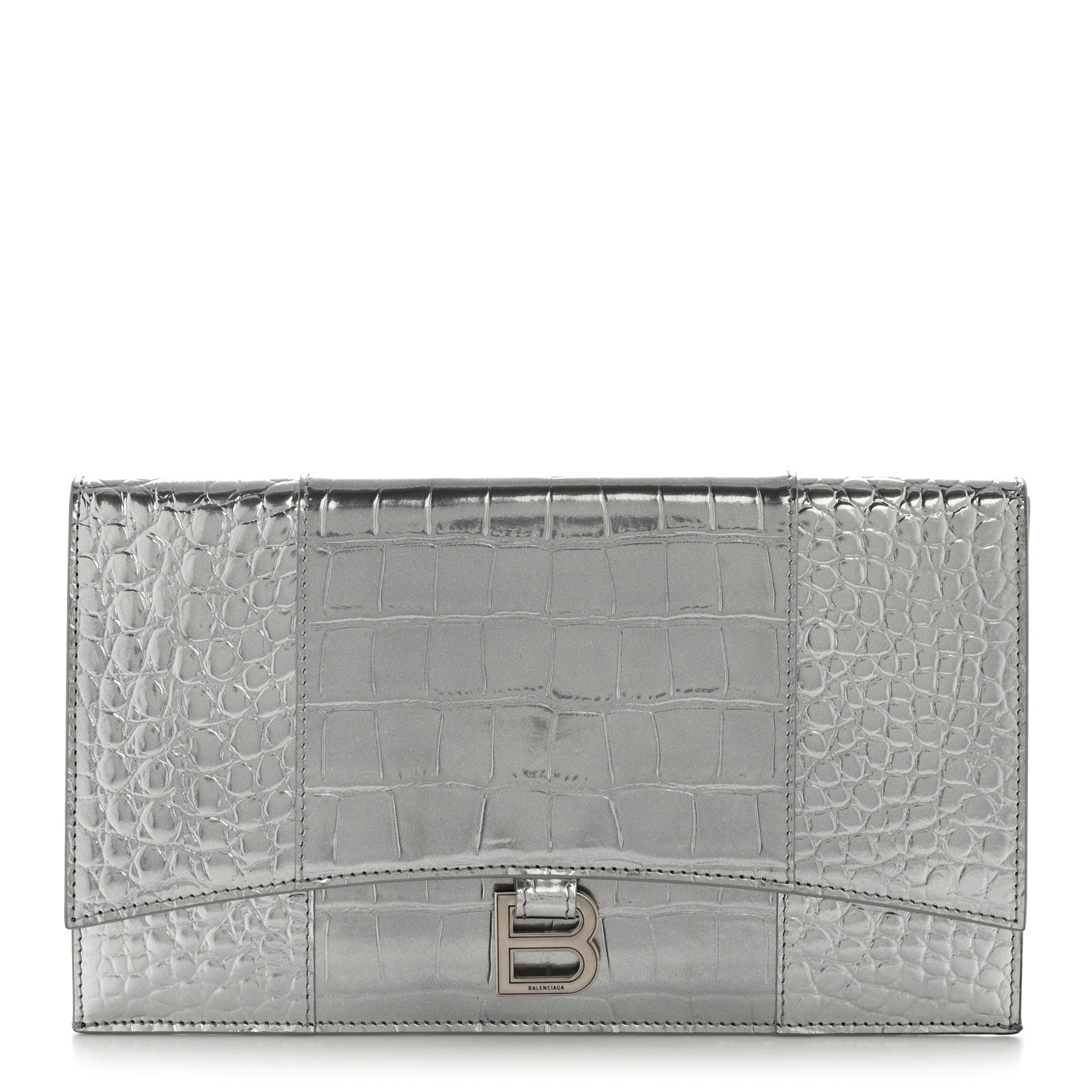 Metallic Calfskin Crocodile Embossed Hourglass Flap Flat Pouch Silver
