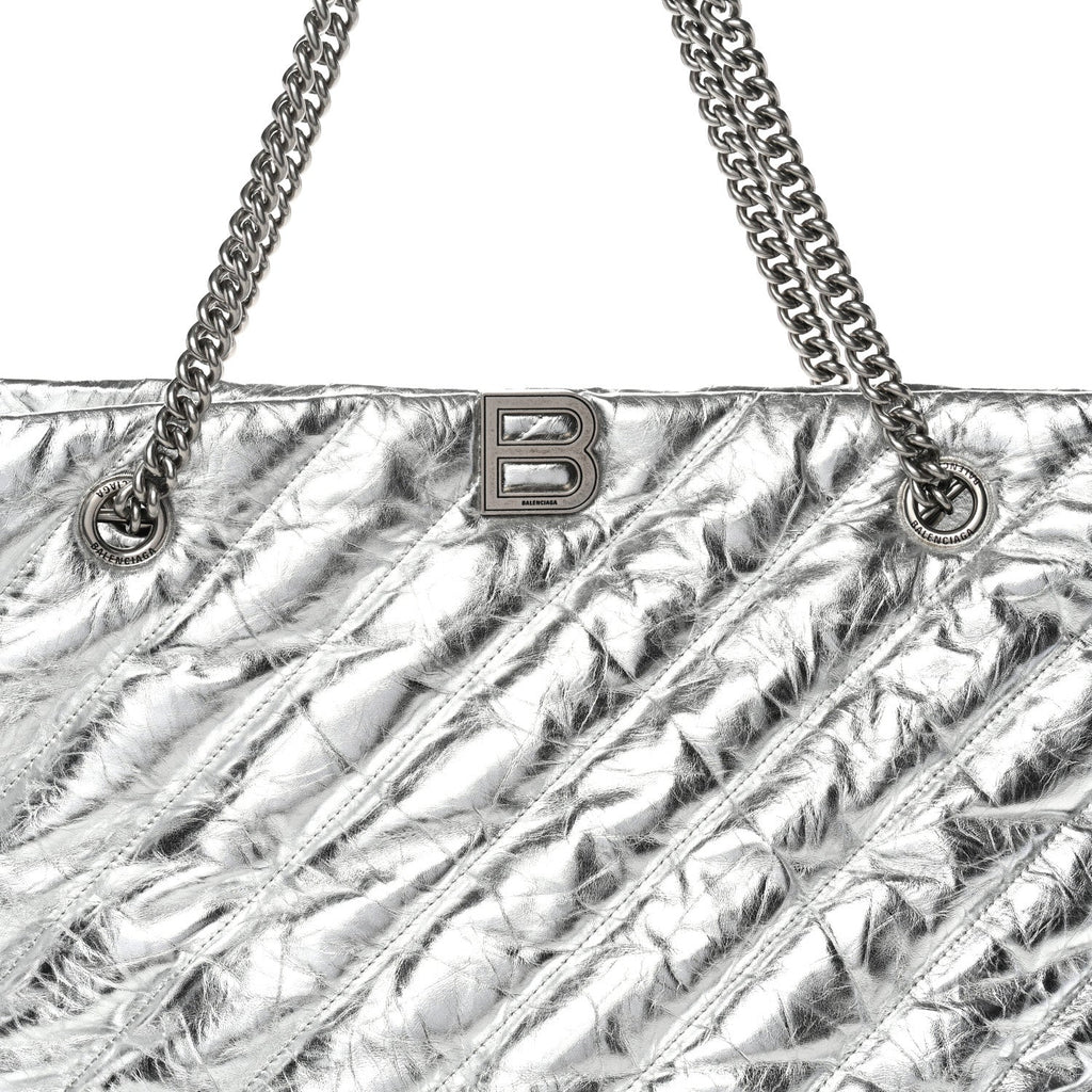 Metallic Crushed Calfskin Quilted Medium Crush Carry All Tote Bag Silver