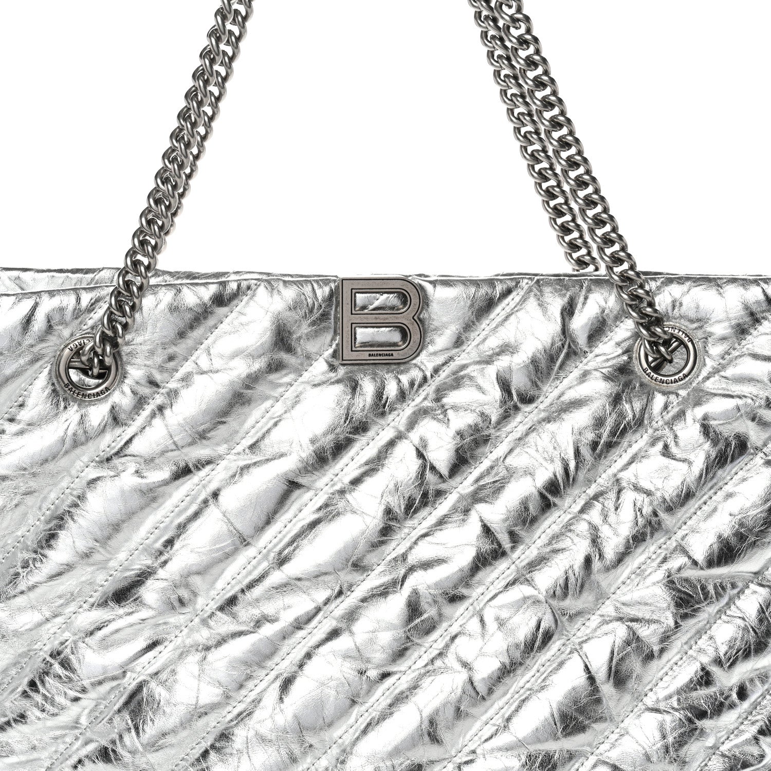 Metallic Crushed Calfskin Quilted Medium Crush Carry All Tote Bag Silver
