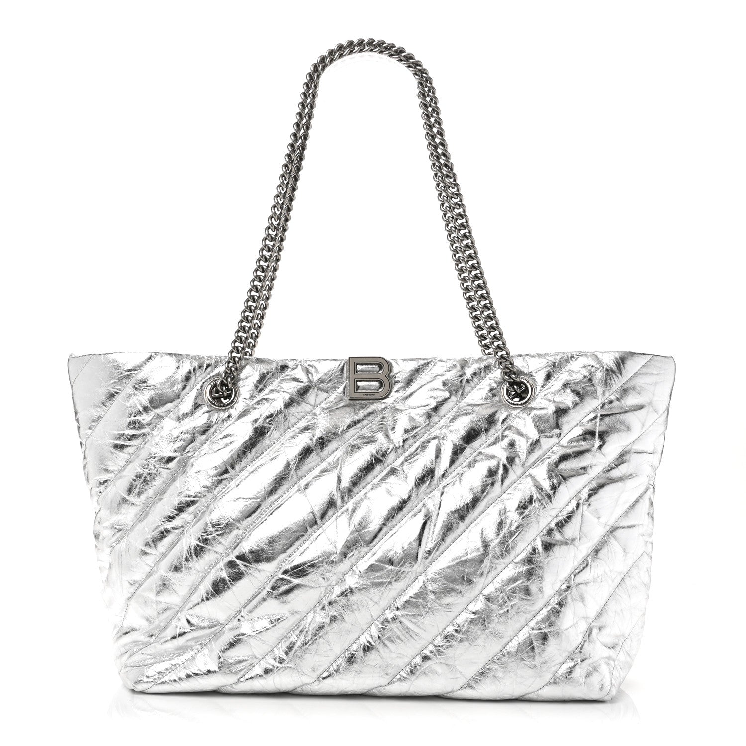 Metallic Crushed Calfskin Quilted Medium Crush Carry All Tote Bag Silver
