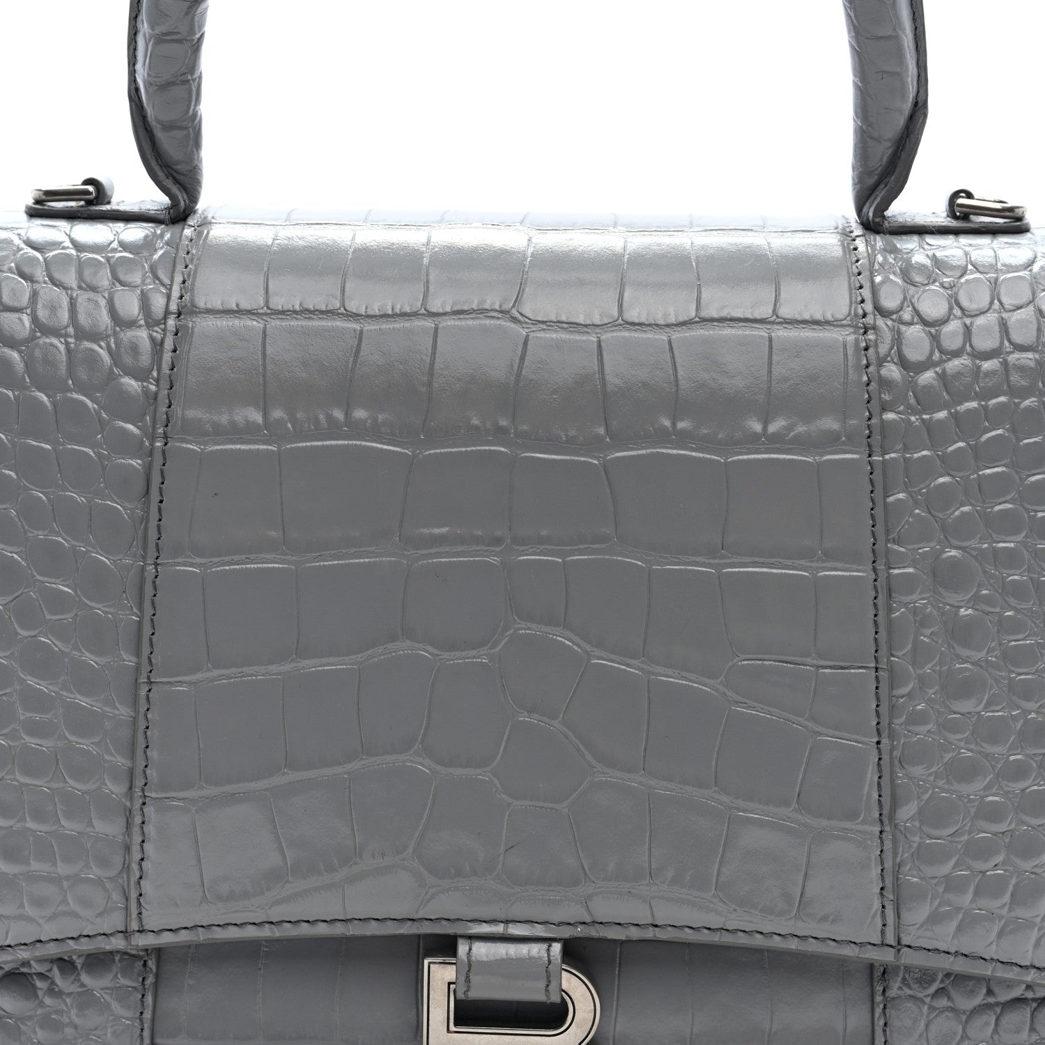 Shiny Calfskin Crocodile Embossed Medium Hourglass Top Handle Bag Balenciaga Grey