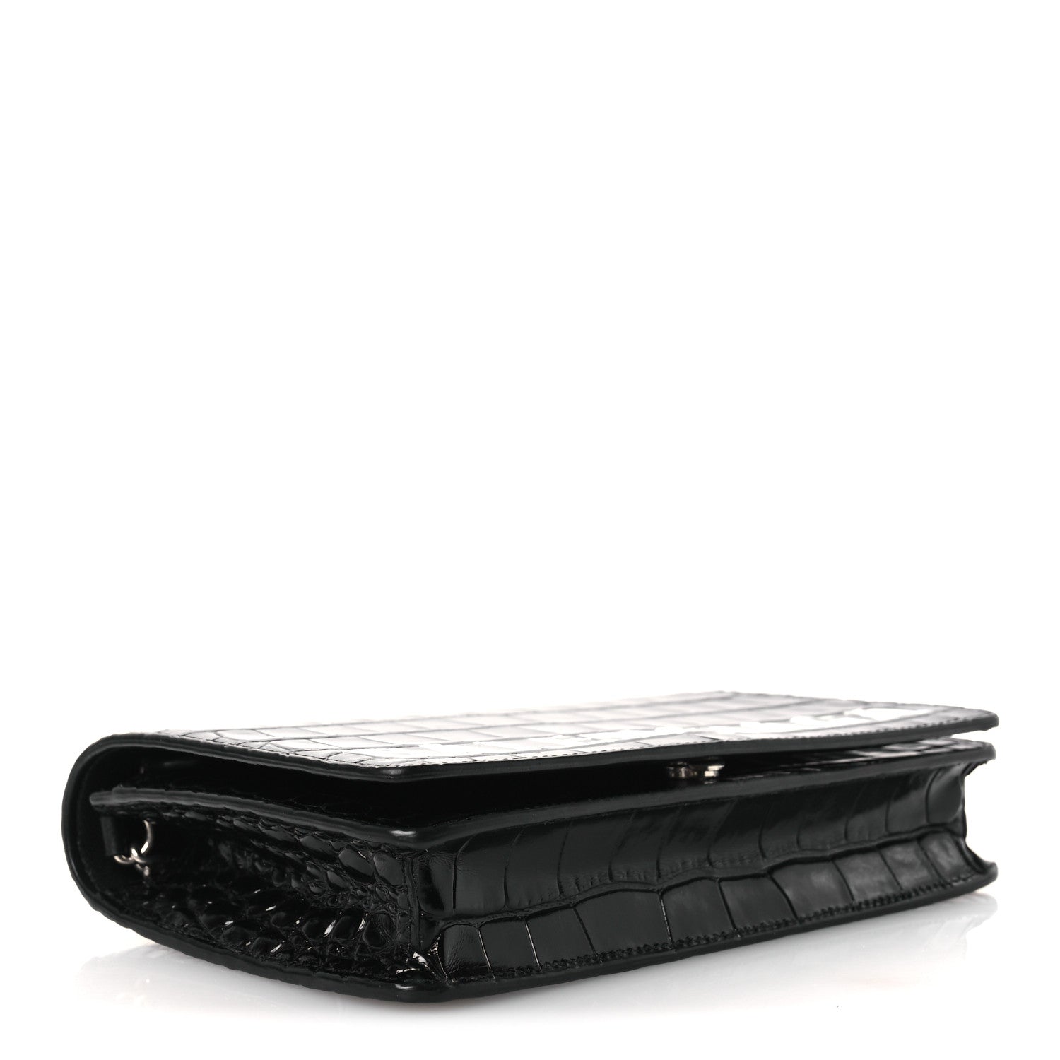 Shiny Calfskin Logo Crocodile Embossed Ville Wallet on Chain Black