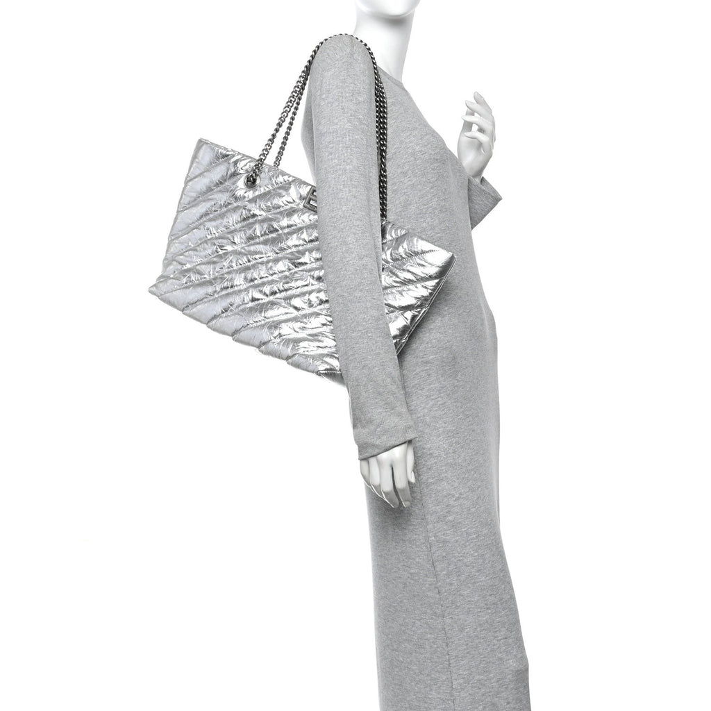 Metallic Crushed Calfskin Quilted Medium Crush Carry All Tote Bag Silver