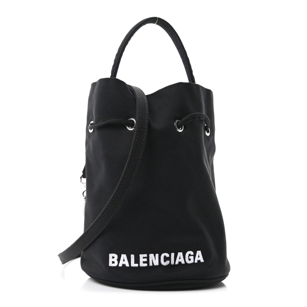 Recycled Sport Nylon Logo Embroidered Wheel Drawstring Bucket Bag Black White